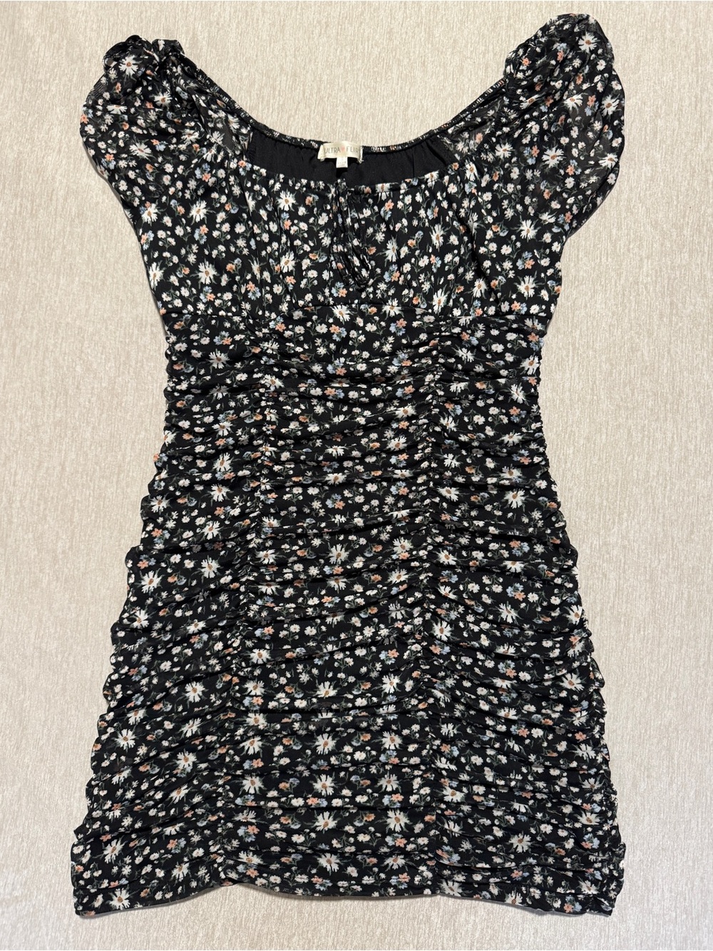 Ultra Flirt Black Floral Ruched Mini Dress with White & Tan Daisies